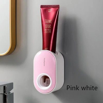 Y-kelin 2022 Toothpaste Dispenser Wall-Mounted Automatic Toothpaste Squeezer Toothpaste Holder For  Hole-Free Wall Hanging Pink white