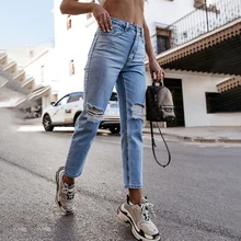 Aliexpress - Summer Washed Button Full Length High Waist Jeans Office Lady Casual Temperament Straight Leg Pants Ripped Jeans For Women