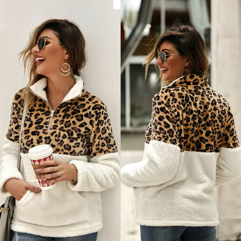 Зимний флисовый свитер модный Леопардовый лоскутный пушистый толстый свитер теплые пуловеры на молнии Женское зимнее пальто шерпа Топы