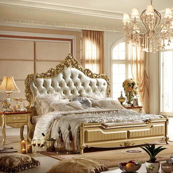 

2019 popular Europe style rubber furniture luxury classic upholstered solid wood carving genuine leather bed