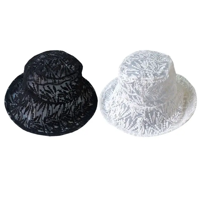 

Korean Fresh Style Women Summer Bucket Hat Embroidery Flower Leaf Sheer Lace Wide Brim Sunscreen Leisure Fisherman Cap