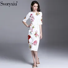 Svopryxiu роскошное Летнее белое платье для подиума женские высококачественные короткий рукав, расшитый бисером цветок вышивка аппликация вечерние платья