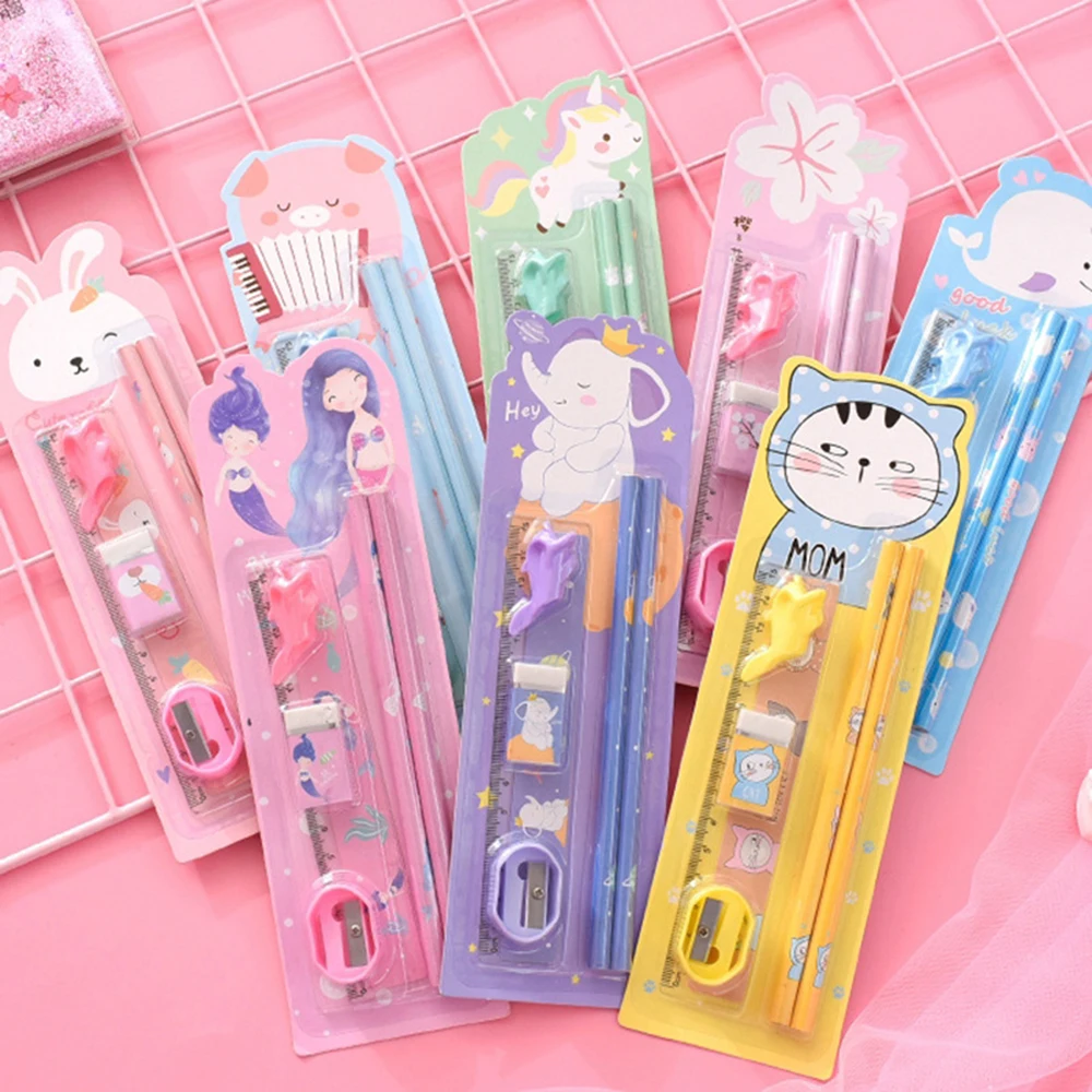 

6pcs/set Kawaii Cartoon Rabbit HB Wood Pencils Kids Sketch Study Pencils with Ruler Eraser Grip Sharpener Gift Stationery Set