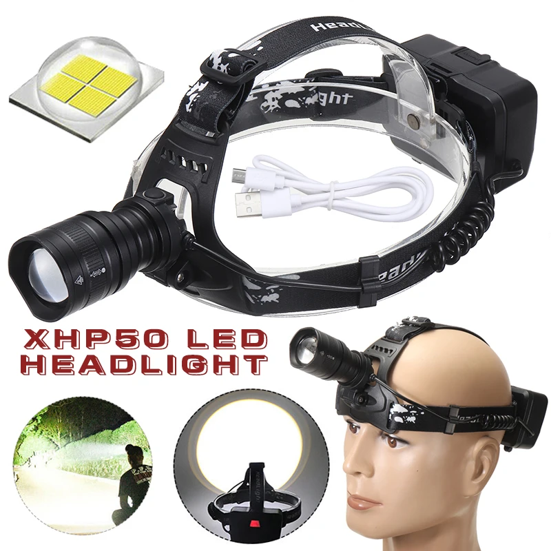 

Powerful XHP50 LED Zoom Headlight USB Rechargeable Outdoor Hunting Headlamp Head Lamp Torch Head Light 3 lighting modes
