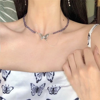 

HUANZHI New Korean Purple Transparent Bead Butterfly Choker Clavicle Chain Necklace for Women Girls Party Accessory