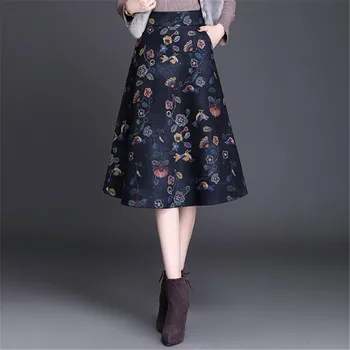 

Vintage Deep Blue Printed Floral Winter Woolen Skirt Korean Women High Waist Big Size Midi Skirt Ladies Office Slim A-line Skirt