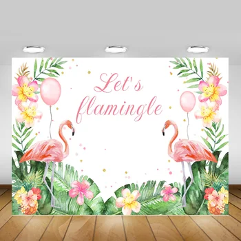 

Let's Flamingo Birthday Party Photo Backdrop Spring Green Leaf Flower Photography Background Balloons Newborn Flamingo Photocall
