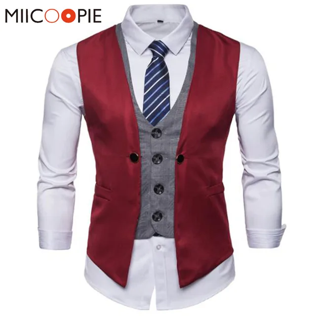 Fake Two Piece Mens Formal Vest Red Waistcoat 2020 Fashion Steampunk
