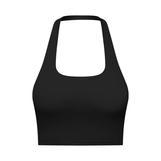 New Design Women Fitness Bra Tight Yoga Vest Sports Tank Top Hanging Neck Tube Top Style Beautyl Back Folds With Removable Chest Black