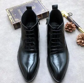 

toe pointed Men New lace-up boots Genuine Leather fashion high-top boots flat Martin boots 2 colour