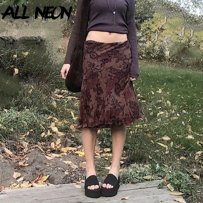 ALLNeonFairyGrungeAestheticsBrownMeshMidiSkirtsY2KStreetwear