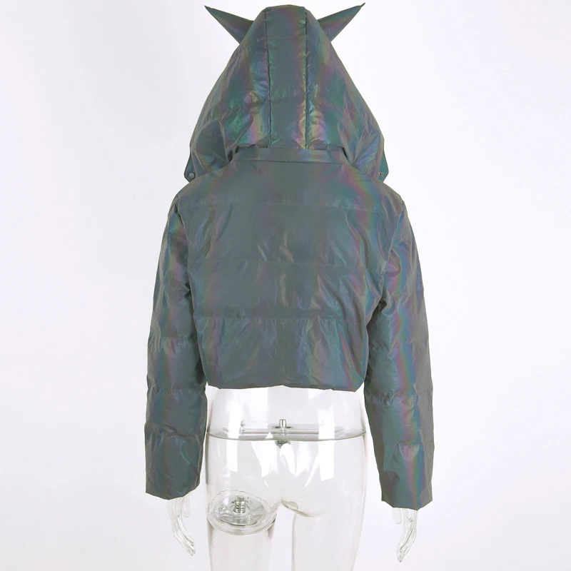 NEWDISCVREY, Devil, с капюшоном, светоотражающая, с хлопковой подкладкой, теплая парка, для женщин, укороченная куртка, зимнее пальто, с длинным рукавом, на молнии, верхняя одежда