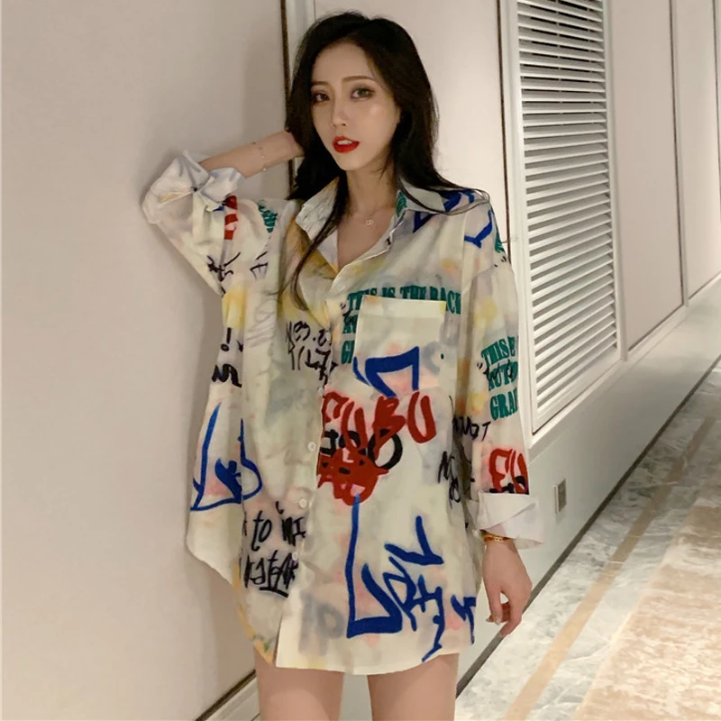 Korobov, винтажная Женская длинная блуза с принтом граффити, Корейская уличная одежда, BF, с карманами, негабаритная рубашка, Harajuku, с длинным рукавом, Blusas 79265