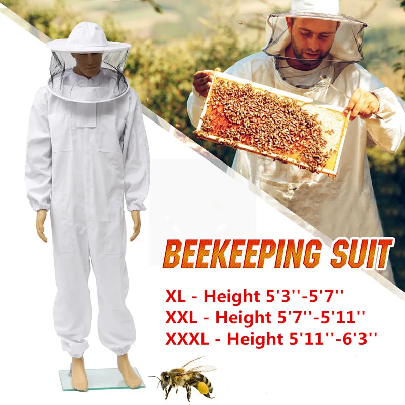 New Professional Cotton Full Body Beekeeping Bee Keeping Suit w/ Veil Hood XXL 