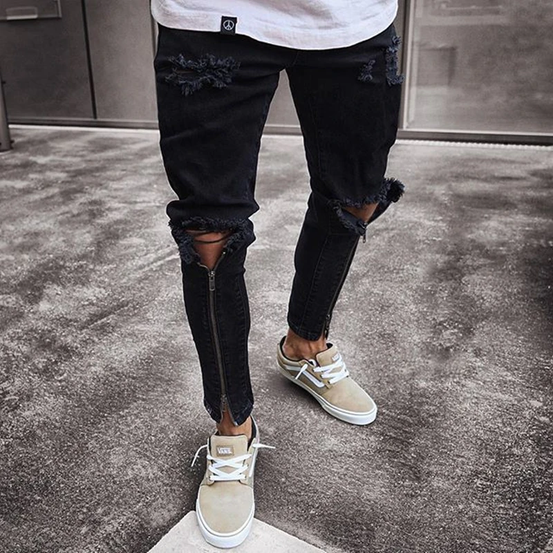 

High Quality Men's Brand New Jeans Zipper Narrow Ripped Fashion Wear Slim Skinny Stretch Denim Pants Male Black Casual Trousers