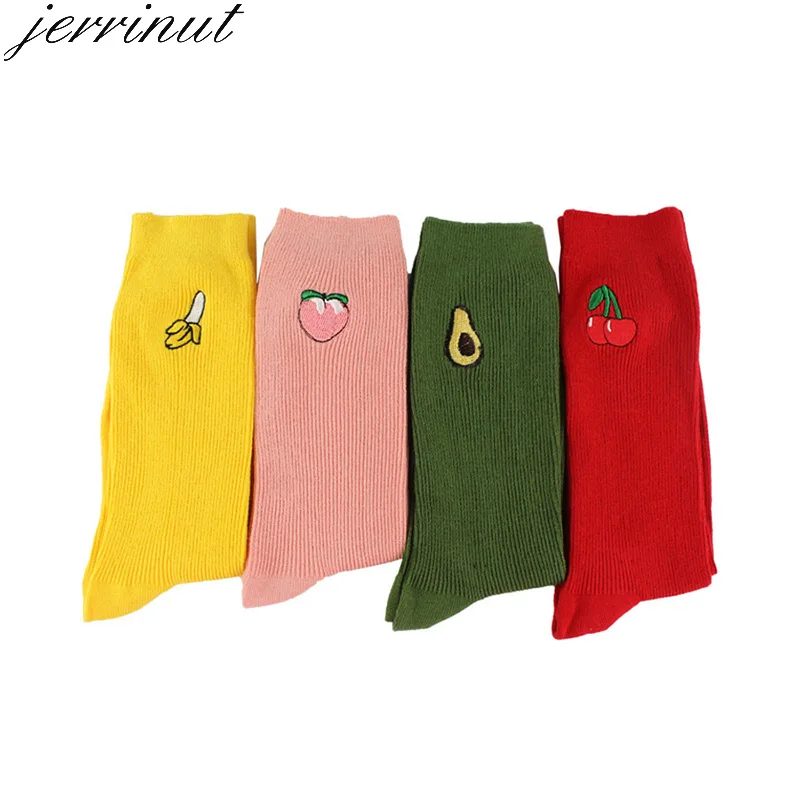 Jerrinut 1Pair Socks Women Cartoon Fruits Cotton Colored Hipster Embroidery Cherry Pineapple Solid Fruits Casual Funny Socks