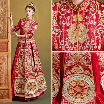 

High Quality Embroidery Add Rhinestone Women Bride Wedding Dress Vintage Button Cheongsam Oriental Classic Tang Suit Vestidos