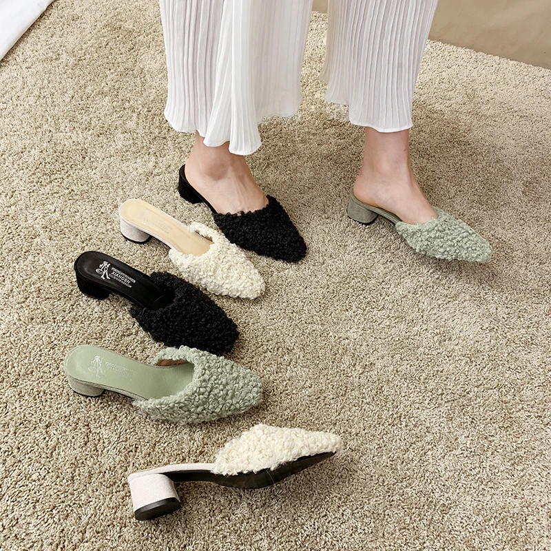 

Shoes Flock Cover Toe Med Ladies' Slippers Pokemon Plush Loafers Luxury Slides Fur Flat Designer Hoof Heels Rome PU Rubber