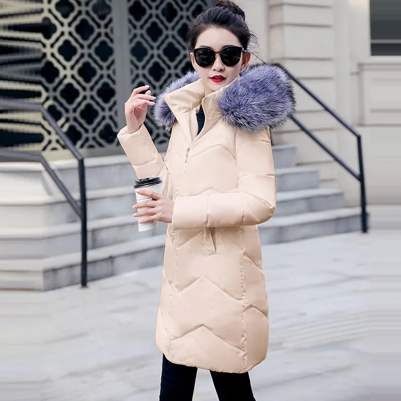 Новинка, зимняя женская куртка с меховым воротником, Дамское зимнее пальто с капюшоном, теплая длинная верхняя одежда, зимняя хлопковая куртка, женские теплые парки