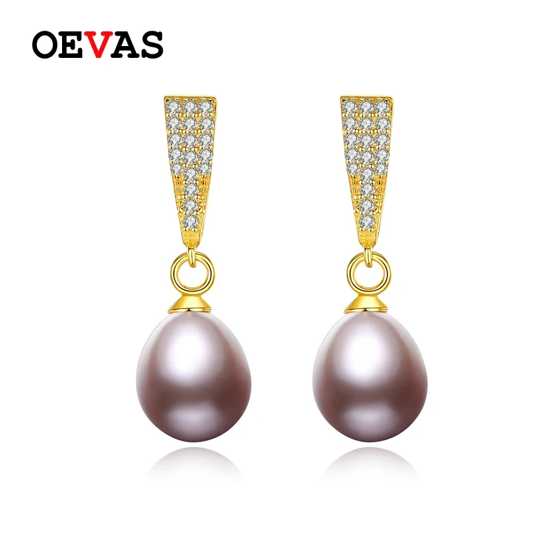 

OEVAS Solid 925 Sterling Silver Freshwater Pearl Drop Earrings For Women Top Quality Gold Color Sparking Zircon Wedding Jewelry