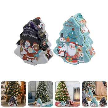 

2Pcs Packing Box Storage Box Xmas Tree Shape Box Candy Box Tinplate Case For Gift Cookie Christmas Candy