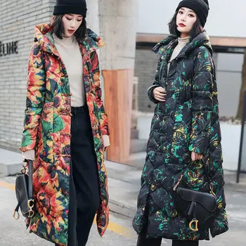 

2020 Women's Jacket Female Long Sleeve Thick Warm White Duck Down Coat Winter Elegant Lady's Print Slim X-Long Outwear Q177