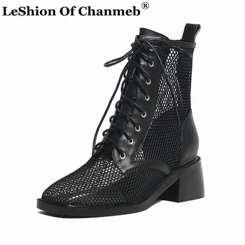 

Fashion Mesh Net Boots for Women Summer Chunky Heel Lace up Ankle Boots Woman Square Toe Black White Motorcycle Boots Lady 33-43