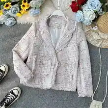 Новая Осенняя винтажная клетчатая куртка с v-образным вырезом, маленький аромат, большой карман, верхняя одежда на одной пуговице, элегантная женская одежда