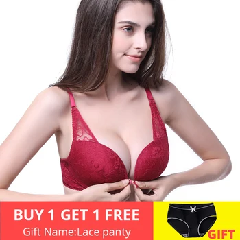 

E lovegirl Red Sexy Lace Front Bra One Piece Cup Seamless Boneless Bra Small Chest Push Up 5/8 Women's Underwear