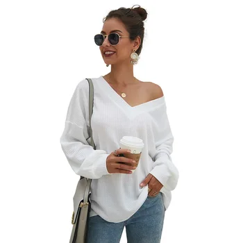 

Knitted Sweater V-Neck Long Sleeve Ladies Knitwear Women Winter Casual Pullover Sexy Loose Solid Off Shoulder Bottoming Top