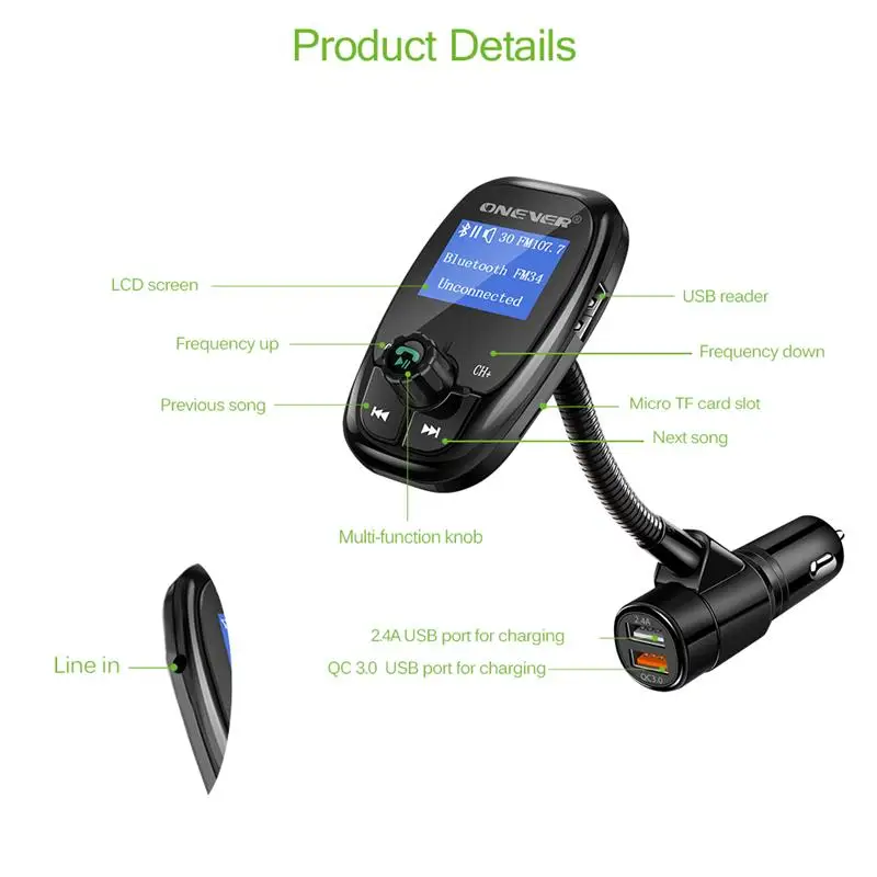 Onever Bluetooth fm-передатчик MP3-плеер модулятор 3,5 мм Aux воспроизведение музыки макс 32 Гб с QC3.0 автомобильное зарядное устройство Быстрая зарядка Hands-Free