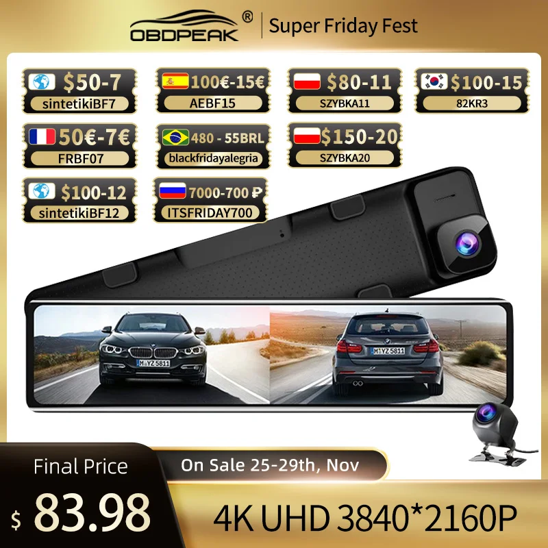 H6 12 "зеркало заднего вида с разрешением 4K Ultra HD 3840*2160P Full Экран Видеорегистраторы