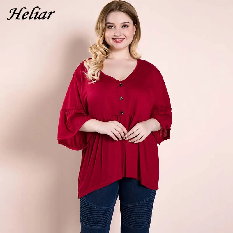 

HELIAR Blouse 2019 Autumn Women V-Neck Blouse With Buttons Satin Silky Fashion Shirt Female Casual Plus Size XL-4XL Blouse