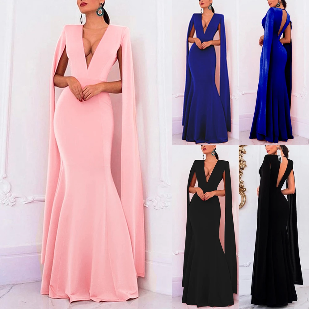 Otoño 2019 nuevo vestido Formal de mujer para fiesta de noche de boda Vestido largo de oficina para dama cuello en V profundo de capa larga vestidos vestidos Maxi|Vestidos| - AliExpress