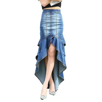 OMILKA マーメイドデニムスカート 2020 秋の女性ハイウエストフロントボタンポケットデニムブルークラブプラスサイズロングジーンズパンツスカート
