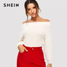 SHEIN белый однотонный Элегантный Пушистый свитер с открытыми плечами женские топы 2019 зимние базовые свитера с длинными рукавами для офисных ...(China)