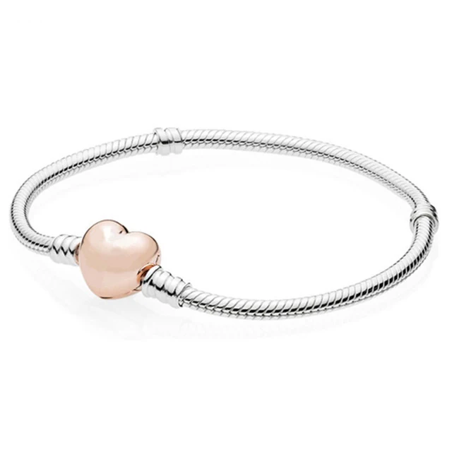 

100% 925 Sterling-Silver-Jewelry Bracelets for Women DIY Beads Jewelry Making Rose Gold Color Heart Clasp Bracelet 580719