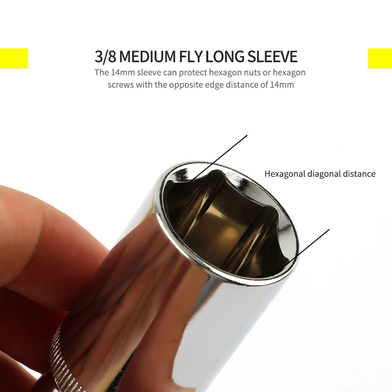 1Pcs 3/8”Drive 6-Point Deep socket head 10mm Hole Hex Extension Sleeve Head 8/9/10/11/12/13/14/15/16/17/18/19/20/21/22/23/24mm 4