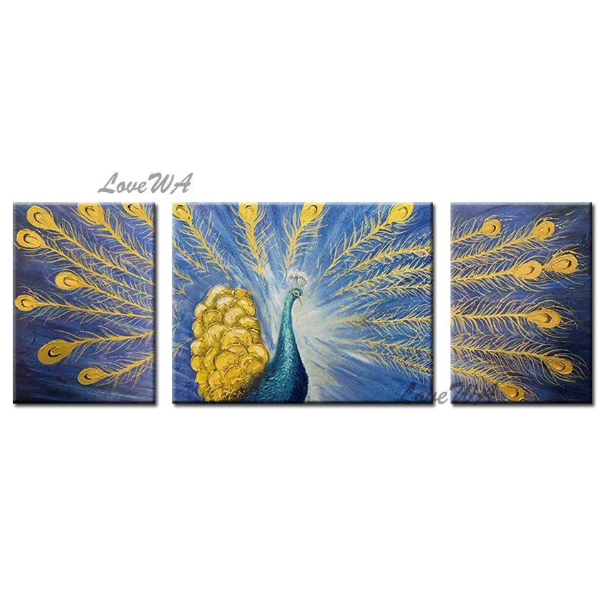 Handmade 2 Panel Canvas Wall Art Peacock Oil Painting Gold Foil Abstract Decorative 3PCS 1 Set Paintings For Decor | Дом и сад