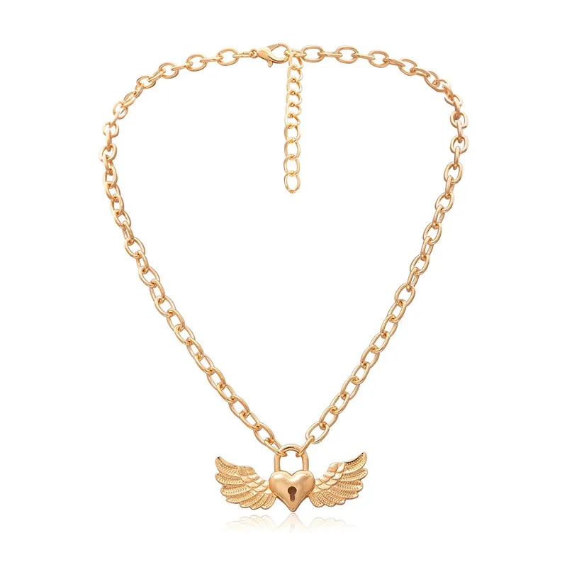 

Heart Padlock Necklace Pad Lock Heart-Shape With Wing Gold And Silver Chain Simple Chain Elegant Pendant For Women And Lady