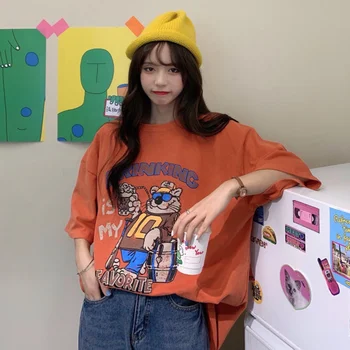 

Harajuku T-shirt Women Cartoon Print All-match Casual Long T Shirts New 2020 Korean Streetwear Oversized Tee Shirt Femme P404