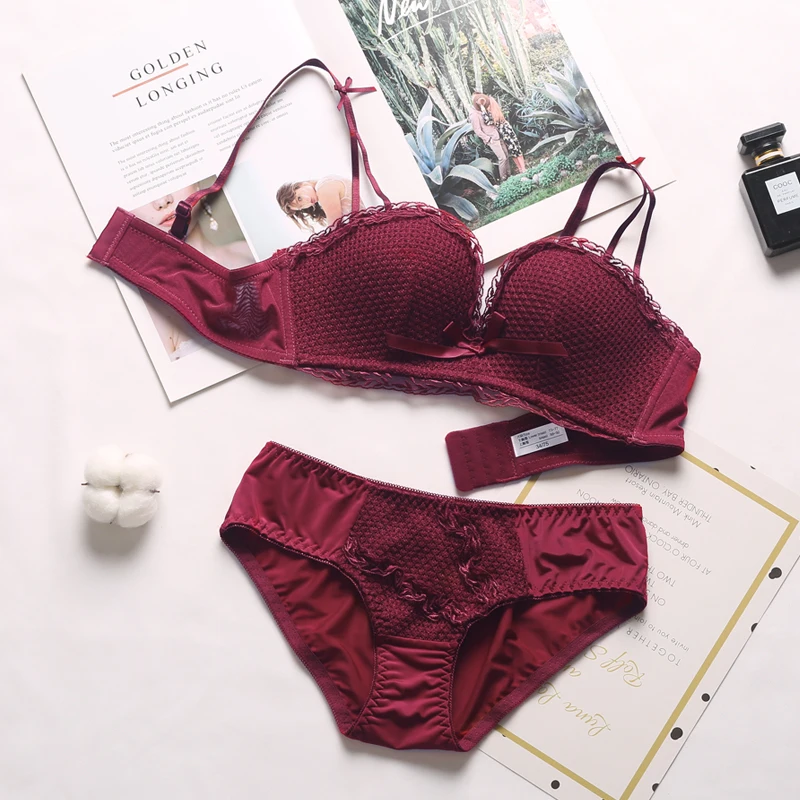 Burgundy Set Сексуальное Кружевное женское нижнее белье, комфортный и дышащий бюстгальтер, комплект, модное беспроводное нижнее белье, хлопковая чашка, регулируемый бюстгальтер пуш-ап - Цвет: Burgundy Set