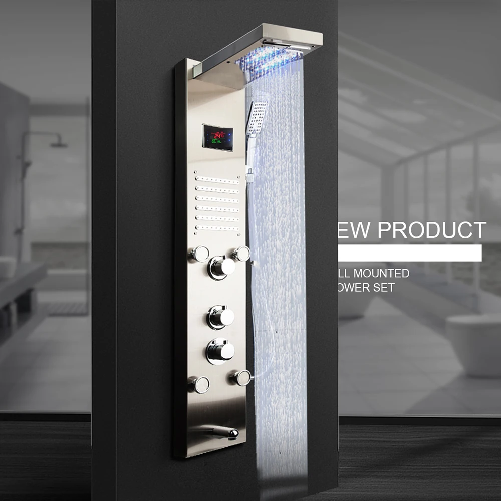 KEMAIDI 12 выбор черный душевой колонковый смеситель для ванной кран температура цифровой светодиодный дисплей душевая панель массажная система для тела струи