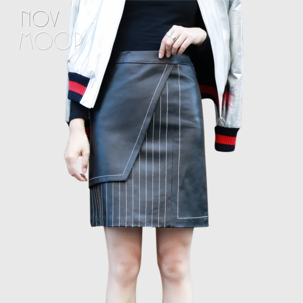

Office style women black striped spliced genuine leather sheepskin lamb A-Line skirt faldas jupe saia etek etek gonne LT1574