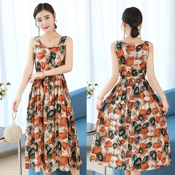 

Summer Women Sleeveless Striped Dresses Elegant Floral Print O Neck A-Line Midi Sundress Vintage Knee Length Dress