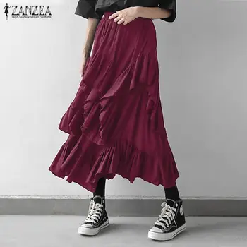 

Plus Size Women's Asymmetrical Skirts ZANZEA 2020 Bohemian Summer Ruffle Vestidos Casual Solid Maxi Skirts Female Faldas Saia