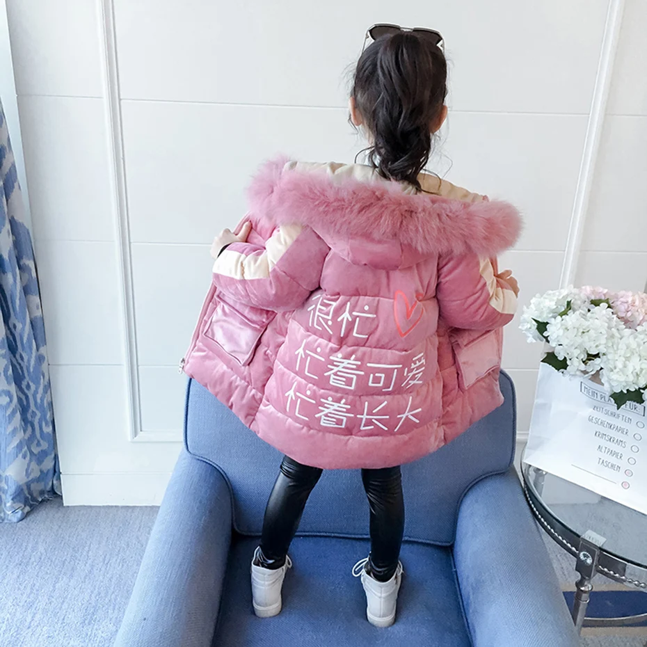 Down Coat For Girl Thick Velvet Girl Coats Kids Hoodies Fur Collar Children's Jacket Winter Fashion Clothes For Girls Christmas