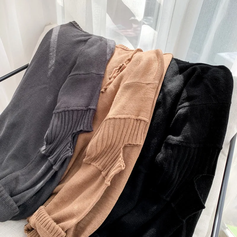 Autumn New Sweater Men Fashion Hole Hooded Sweaters Men Solid Color Casual Knit Sweter Loose Long-sleeved Pullover Man Clothes