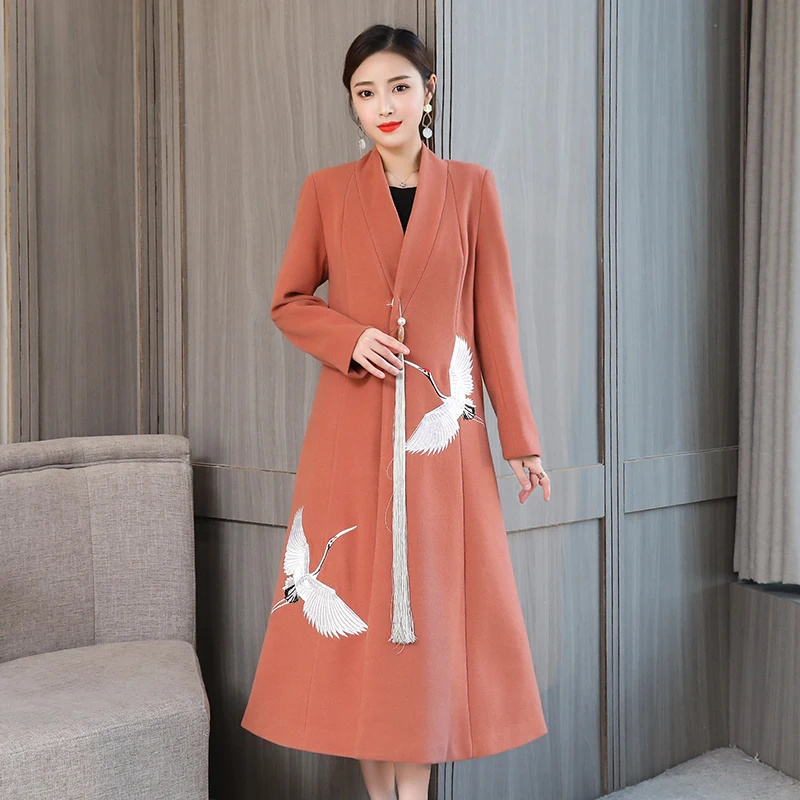 Осенне-зимние женские пальто, модный Тренч, пальто с вышивкой и v-образным вырезом, серое шерстяное пальто, женское длинное пальто, корейские женские топы mujer