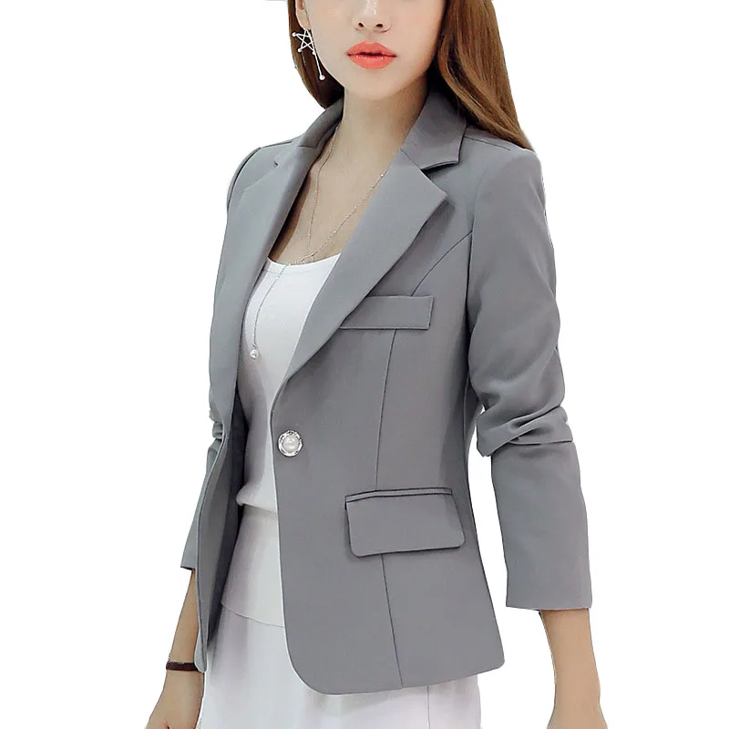 wonderful Brand Spring Autumn Slim Fit Women Formal Jackets Work Office Ladies Lapel Solid Coat Grey Black Fa